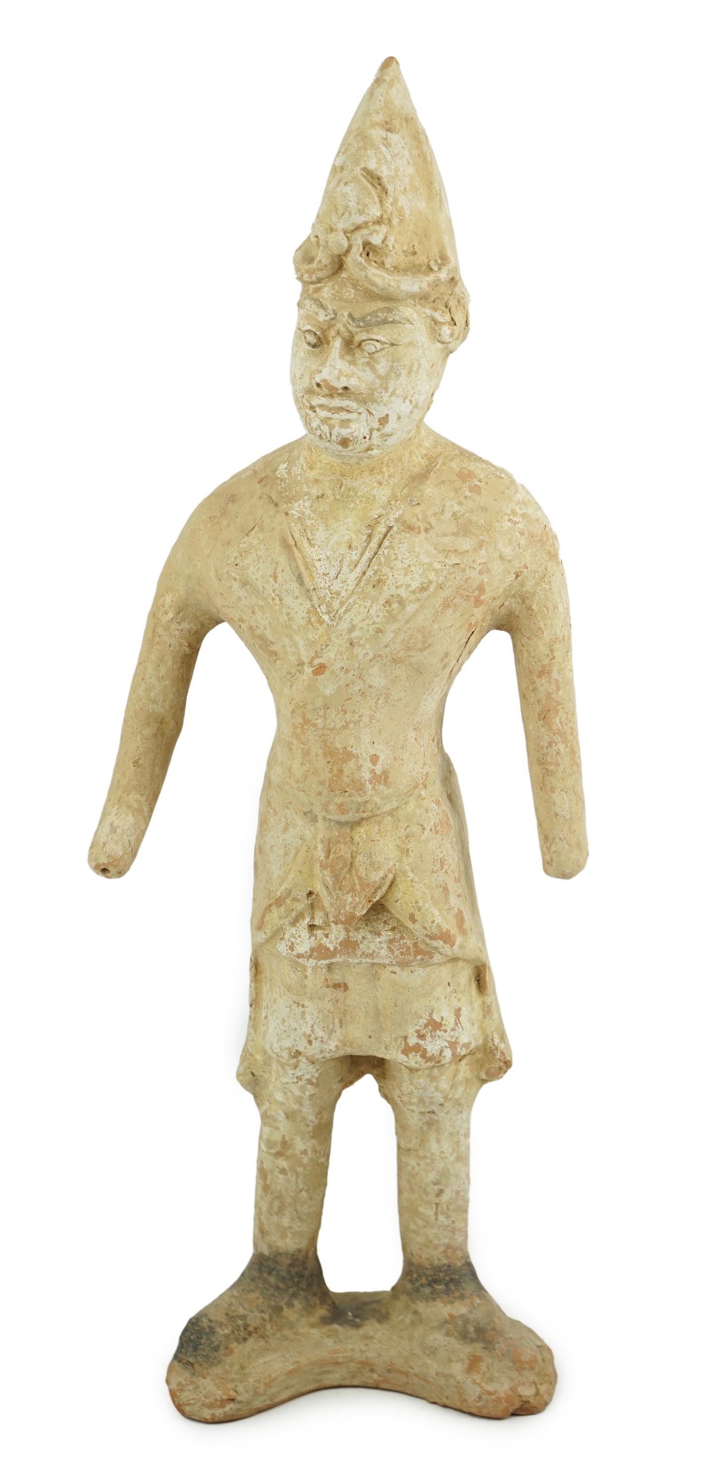 A tall Chinese painted pottery foreigner figure, Tang Dynasty (AD 618-906)